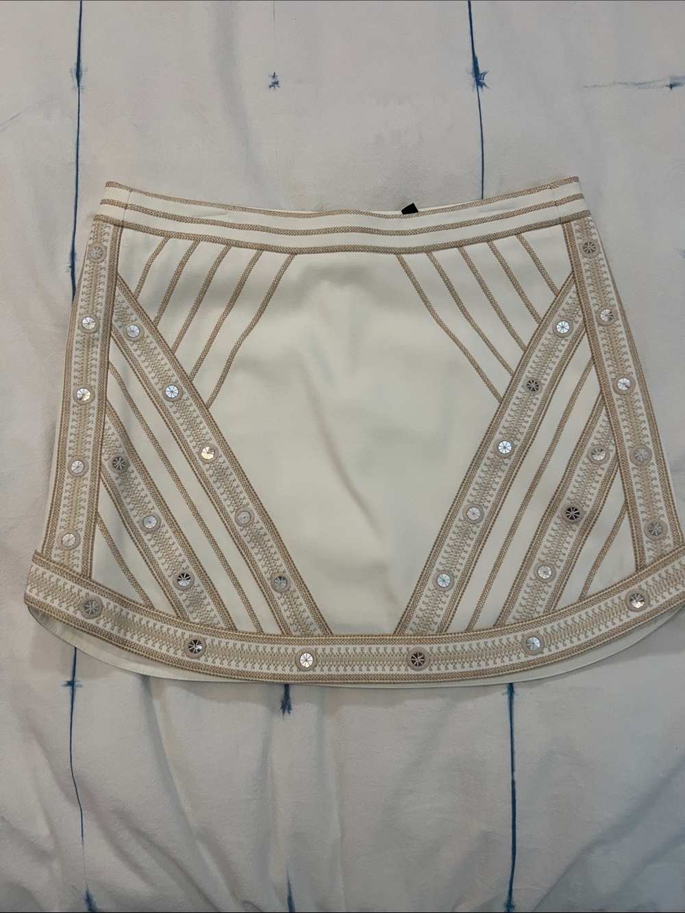 BCBGMaxAzria Cream Mini Skirt with Gold Embellished Trim